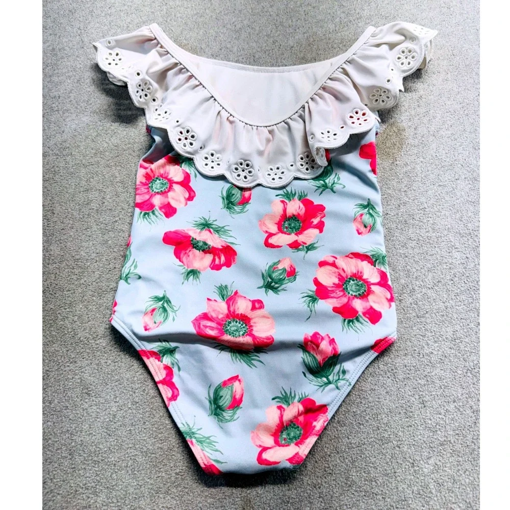 Janie and Jack Girls Swimsuit Size 6 Blue Pink Floral Eyelet Ruffle One Piece